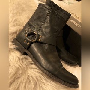 Frye Phillip Black Harness Ankle Boots